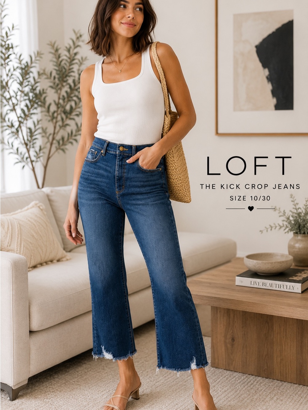 LOFT Kick Crop Jeans Size 10/30 High Rise Raw Hem Cropped Flare Denim - Picture 3 of 5